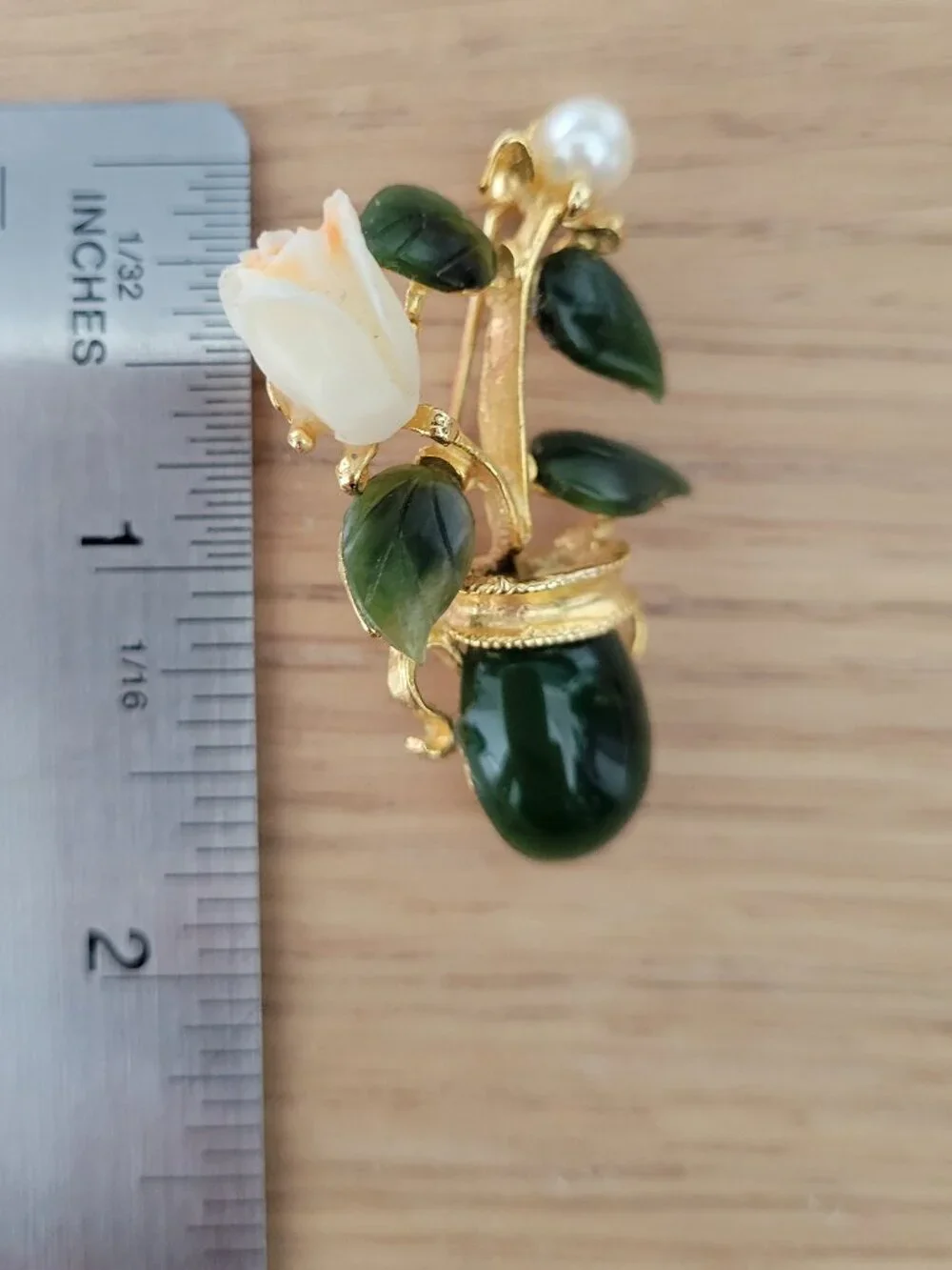 Vtg SWOBODA Carved Coral, Jade & Pearl Gold Leaf Brooch Pin Unsigned Flower Pot